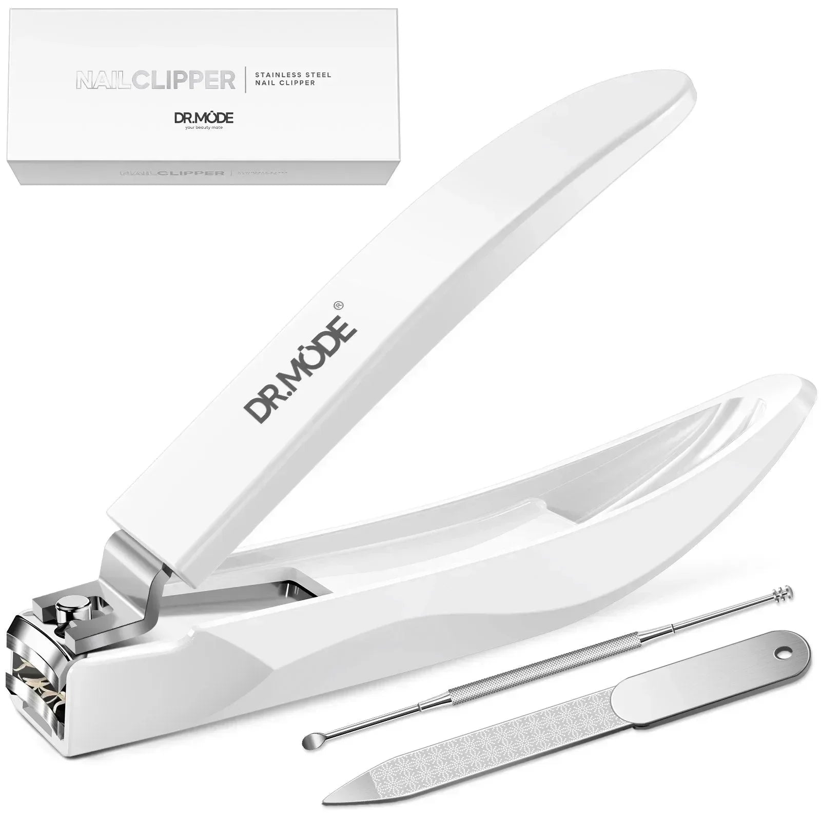 White stainless steel nail clipper set with nail file and cuticle pusher on white background