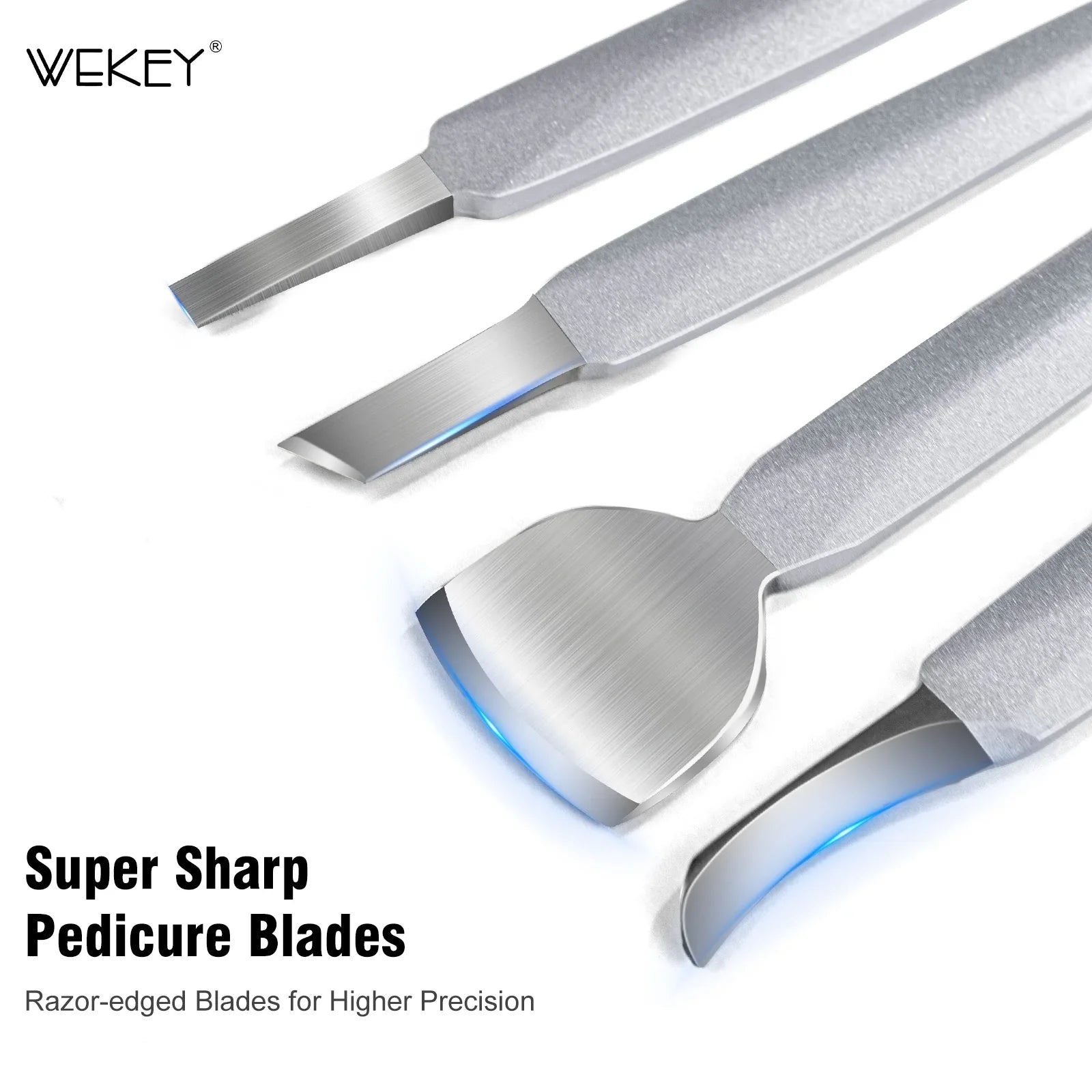 Close-up of stainless steel pedicure blades with textured handles on white background