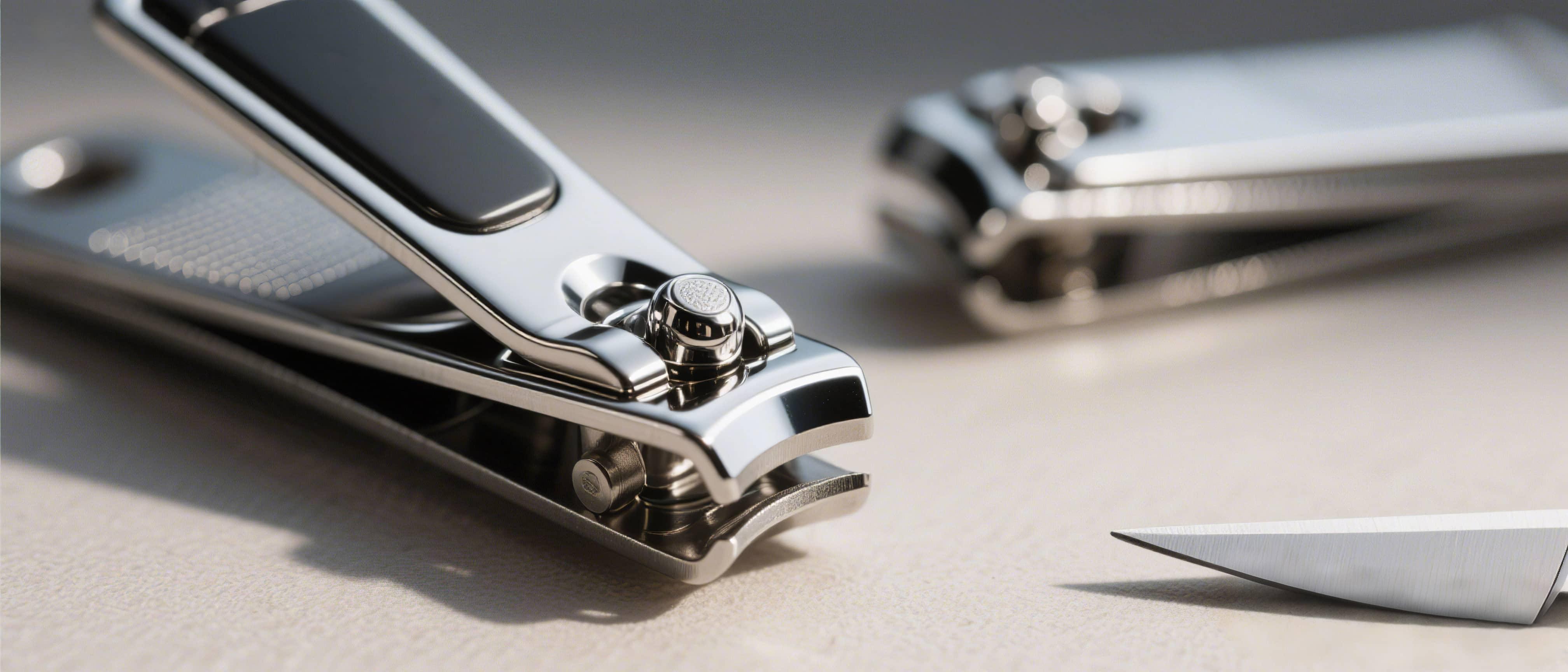 Close-up of stainless steel nail clippers and sharp nail tool on a light surface
