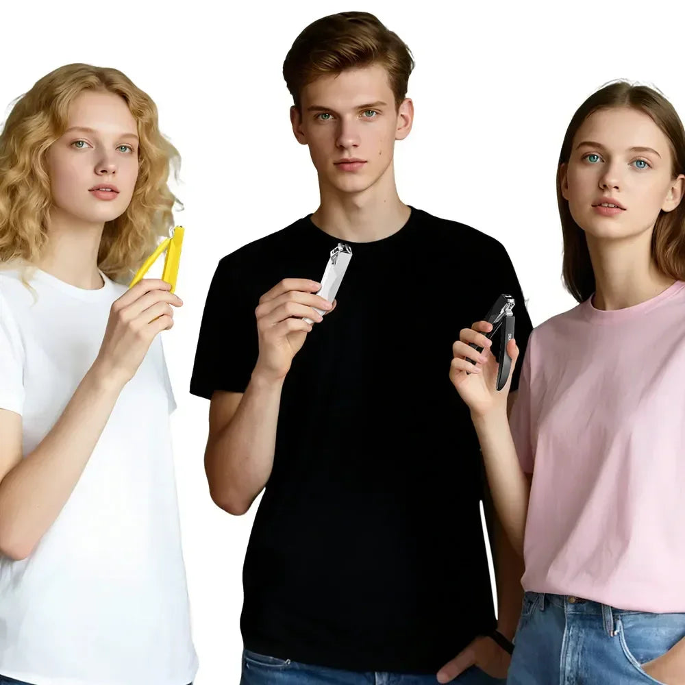 Three people holding nail clippers in yellow, silver, and black against white background