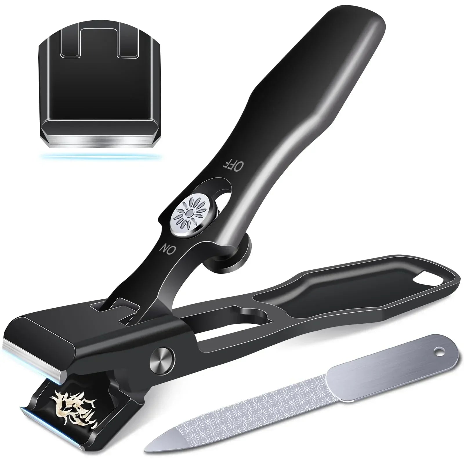 Black nail clippers with built-in nail catcher, nail file, and detachable blade on white background.