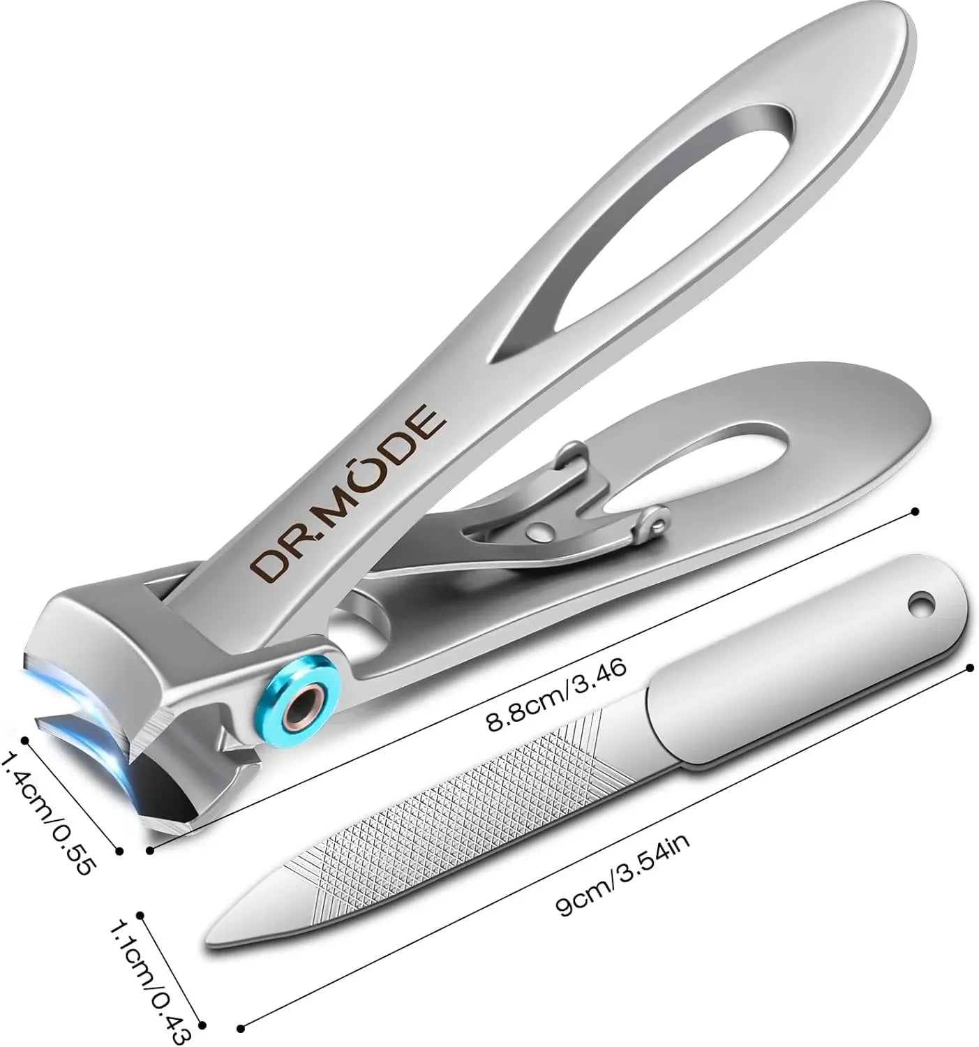 Stainless steel nail clippers and nail file set with measurements, close-up view