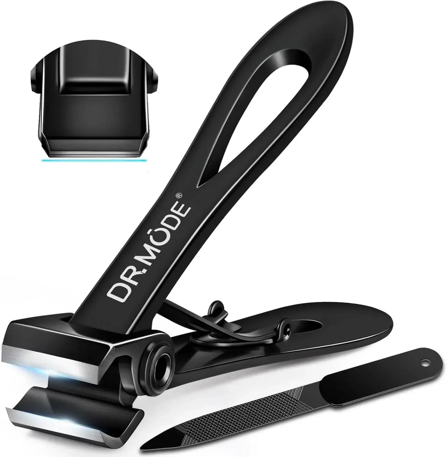 Black stainless steel nail clipper set with nail file and sharp blades, close-up view