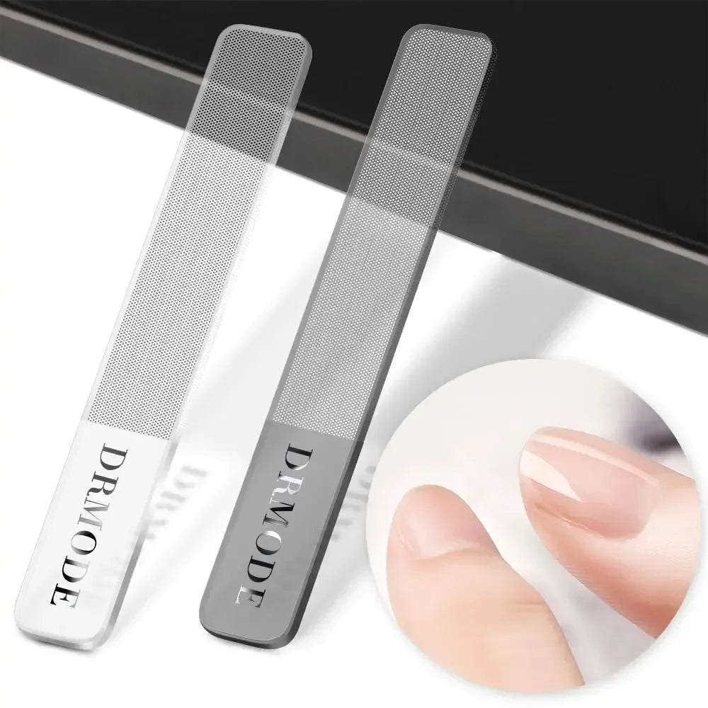 Two metal nail files for manicure with close-up of smooth fingernail, grooming tools