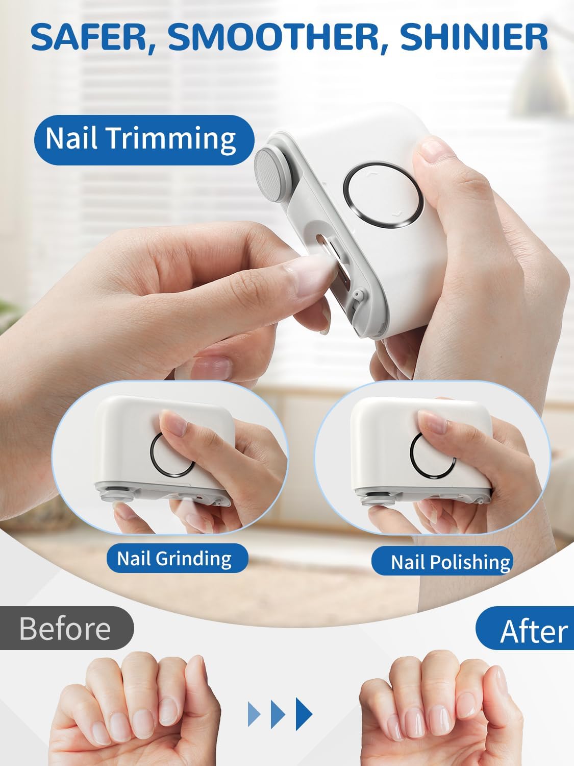 Electric nail clippers used for trimming, grinding, and polishing nails with before and after results.