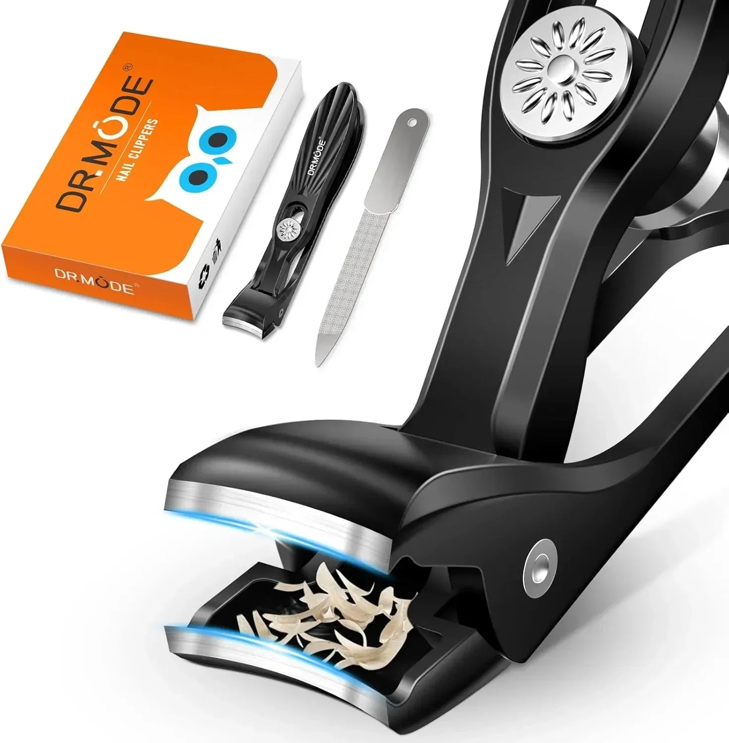 Black nail clippers with cuticle catcher, metal nail file, and orange packaging box