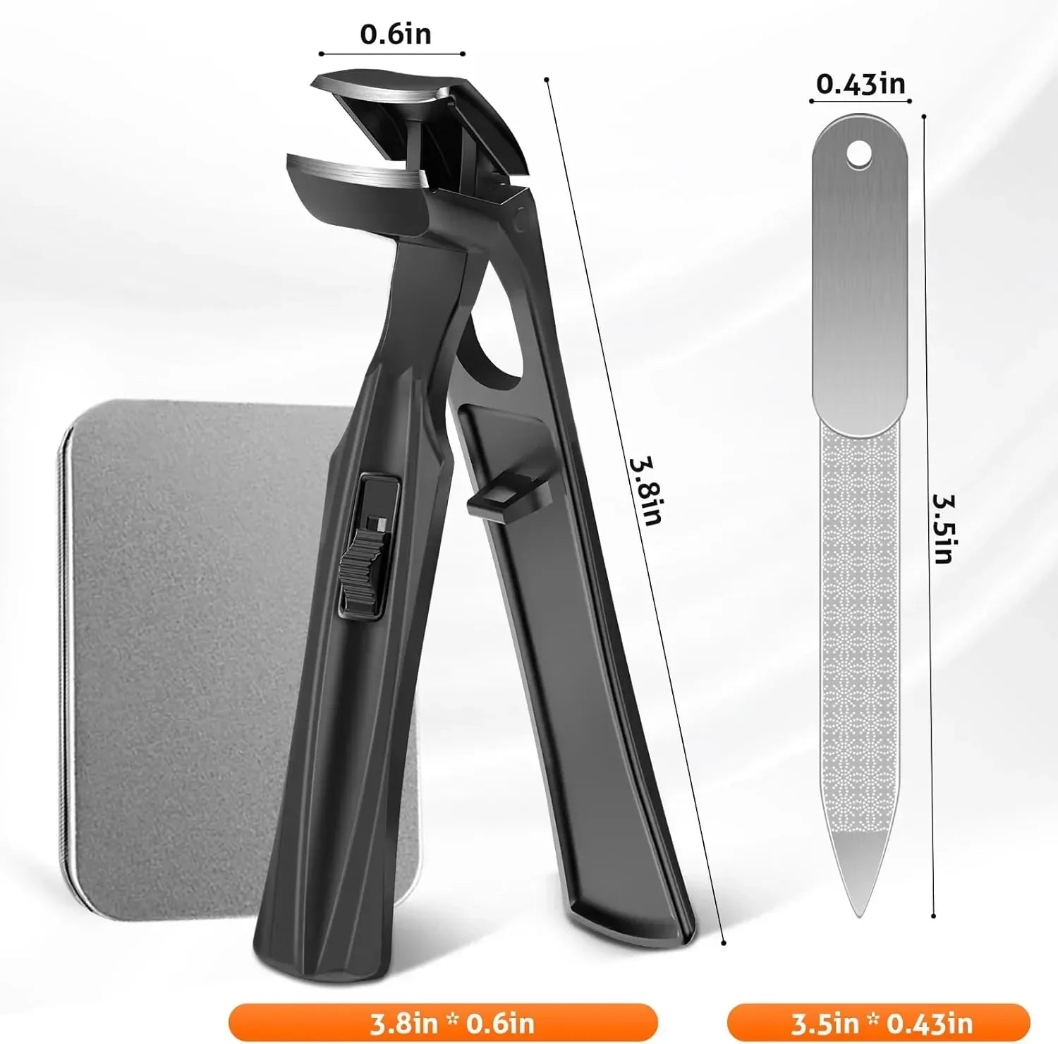 Precision nail clippers and metal nail file set with case, detailed size measurements shown.