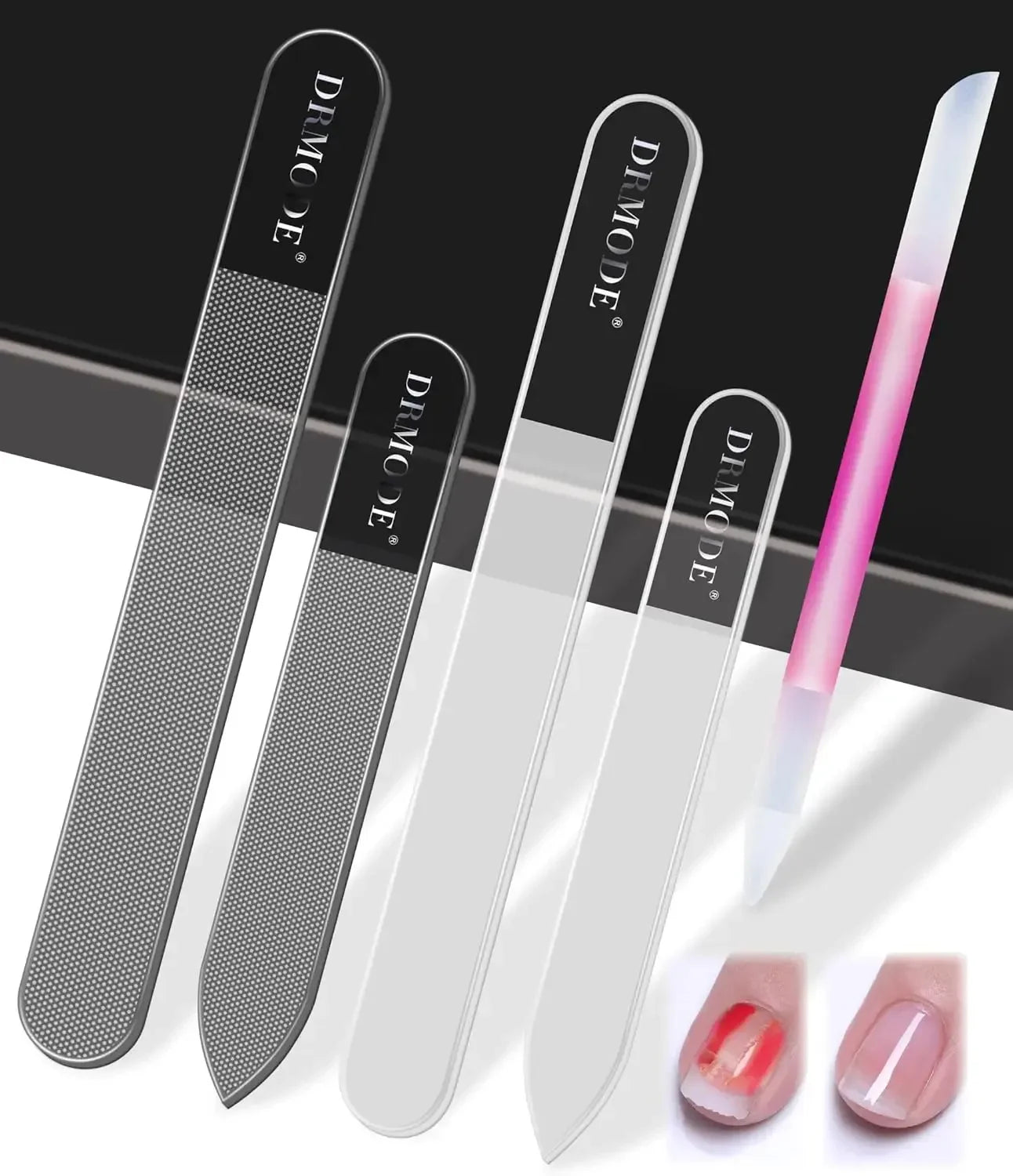 Set of DRMODE glass nail files and manicure tools with before and after nail care results