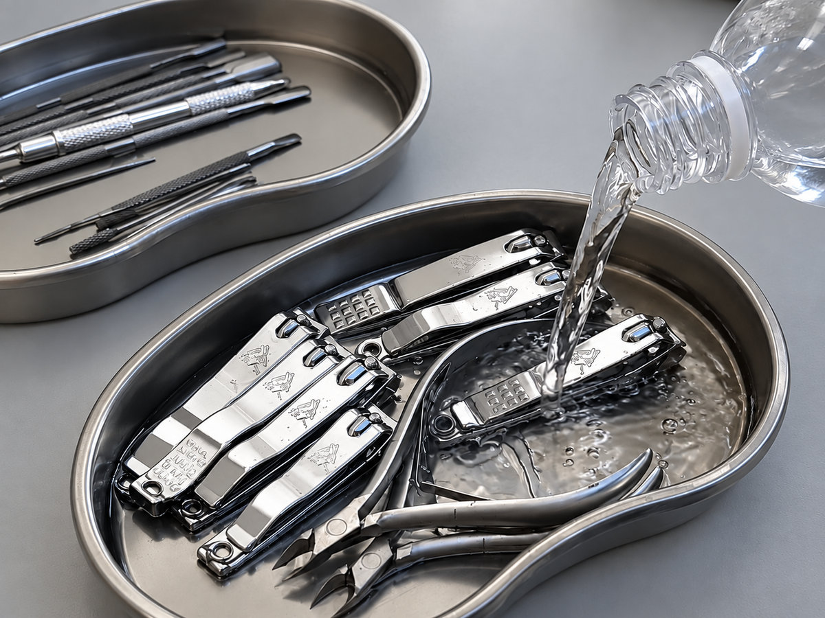 Clear liquid being poured over nail clippers and metal grooming tools in a tray