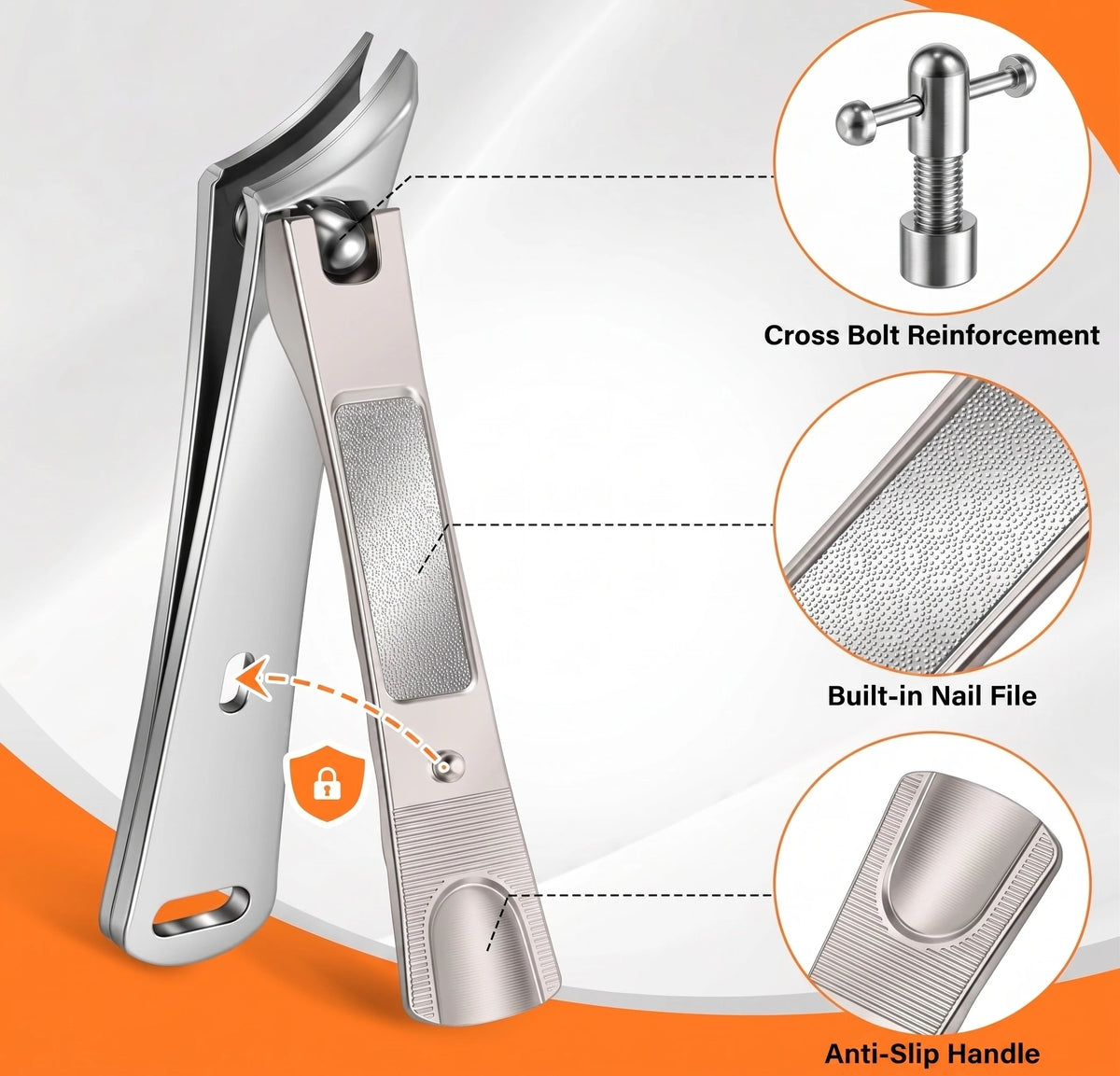 A premium product shot of the FULUNS German nail clippers from the DRMODE 6-piece set, highlighting three engineering features
