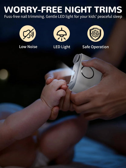 Adult trimming baby's nails at night with LED light nail clipper, highlighting low noise and safety features.