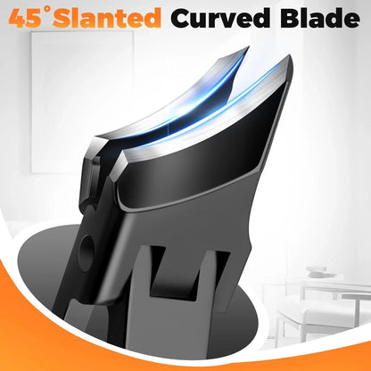 Close-up of black nail clipper with 45-degree slanted curved blade and sharp cutting edge