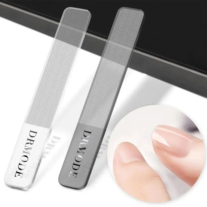 Two metal nail files for manicure with close-up of smooth fingernail, grooming tools