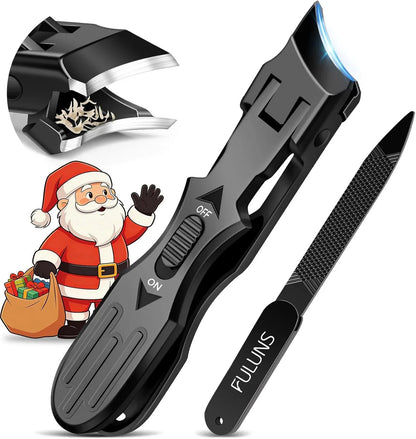 Black nail clippers with LED light, nail file, close-up cutting blades, and cartoon Santa Claus.