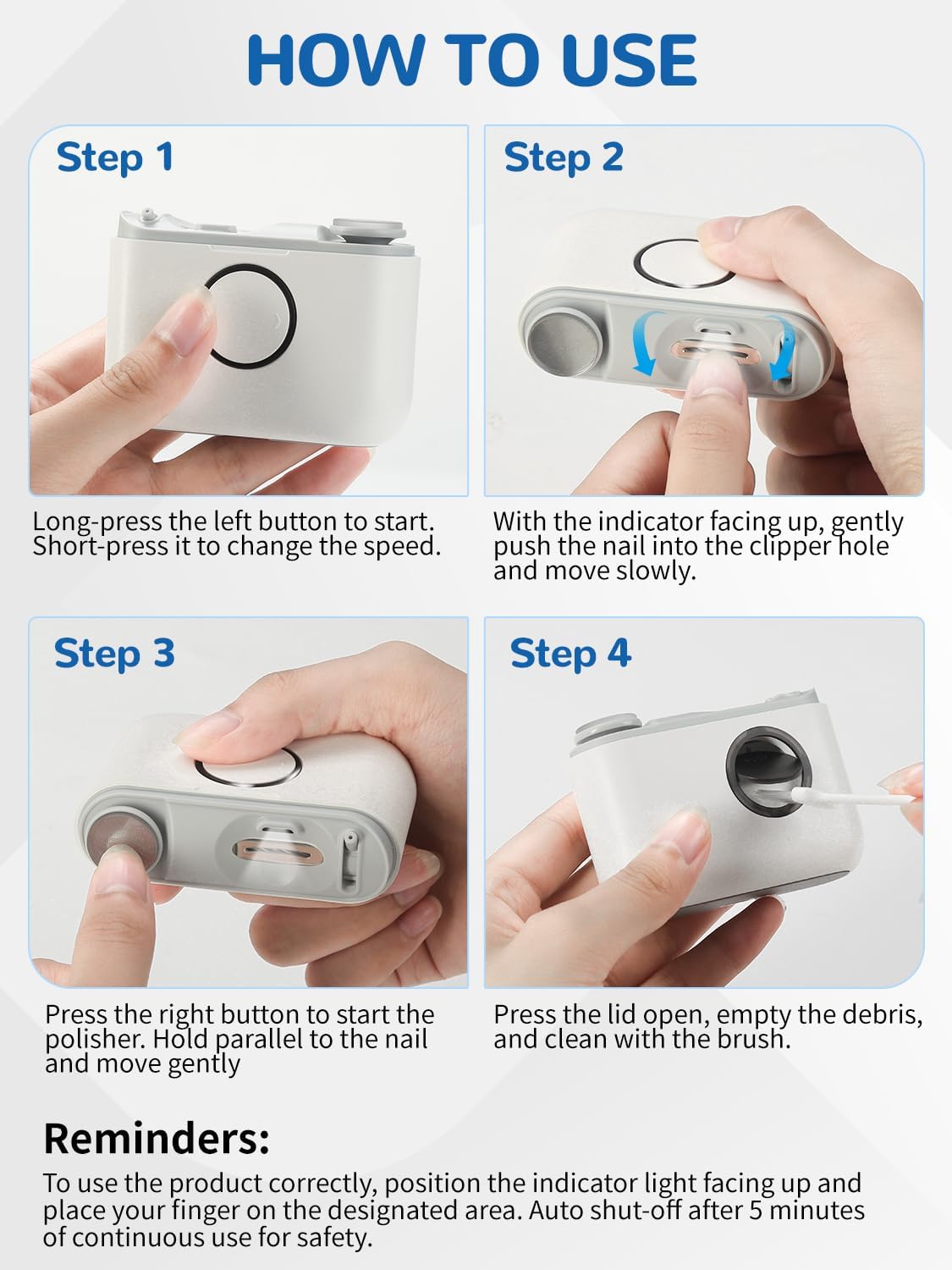 Step-by-step guide showing how to use an electric nail clipper and polisher for grooming.