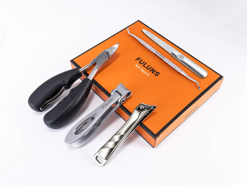 Full German-made nail clipper set arranged around the branded orange gift box, including multiple clippers, a glass nail file, and cuticle tool