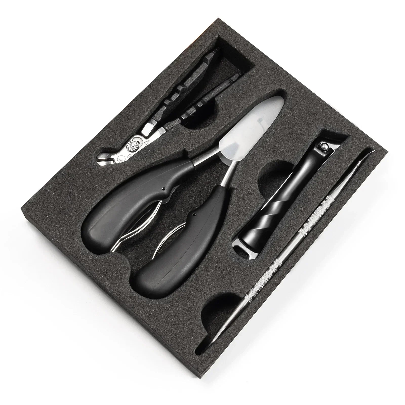 Nail clipper set with black handles, file, and trimmer for thick nails in foam case